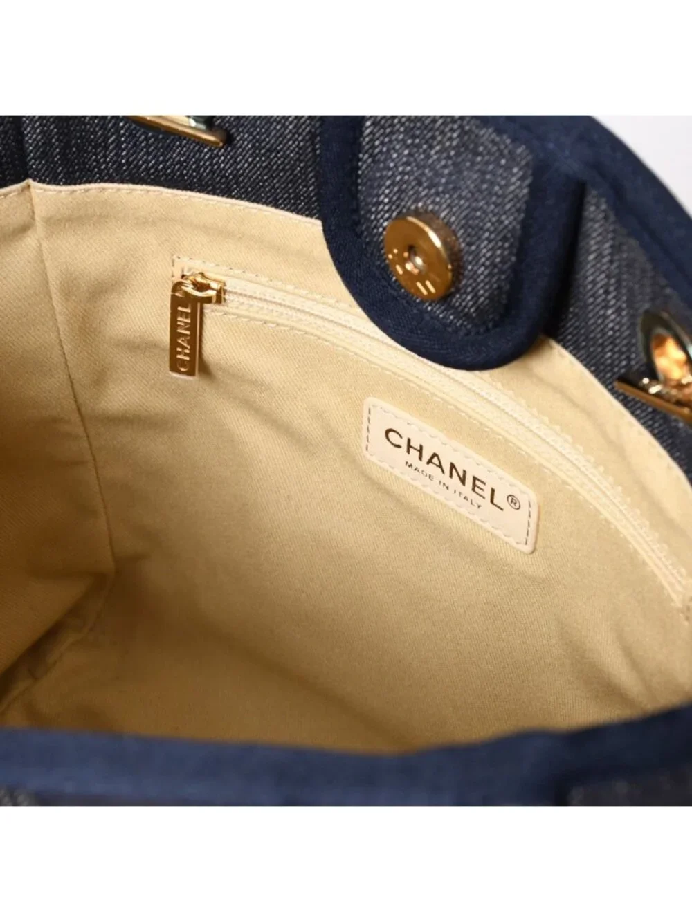 Chanel Deauville PM Chain Tote Shoulder Bag Denim Canvas CC Logo Navy Gold
